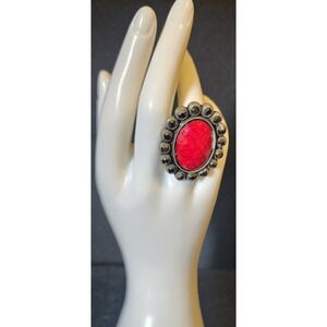 Ollipop USA Red Faux Stone Statement Ring Adjustable Silver Tone Black Crystals